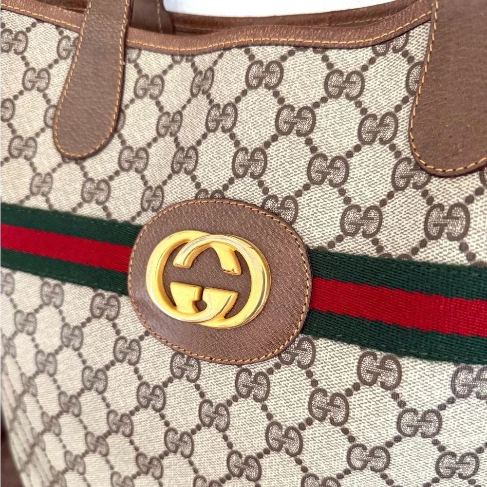 Authentic Gucci brown monogram coated canvas large tote bag leather trims - Picture 13 of 16